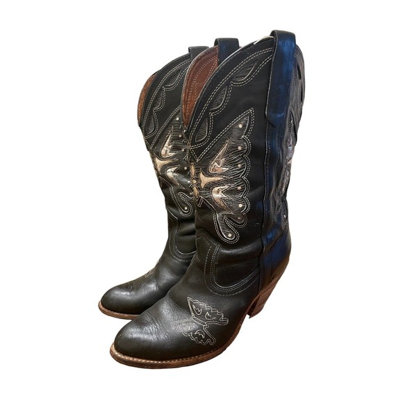 MISS CAPEZIO USA Made Vintage Black Leather Metallic Butterfly Cowboy Boots 8 - Picture 4 of 16